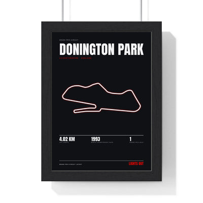 Donington Park Circuit print framed in a black frame, ready to hang