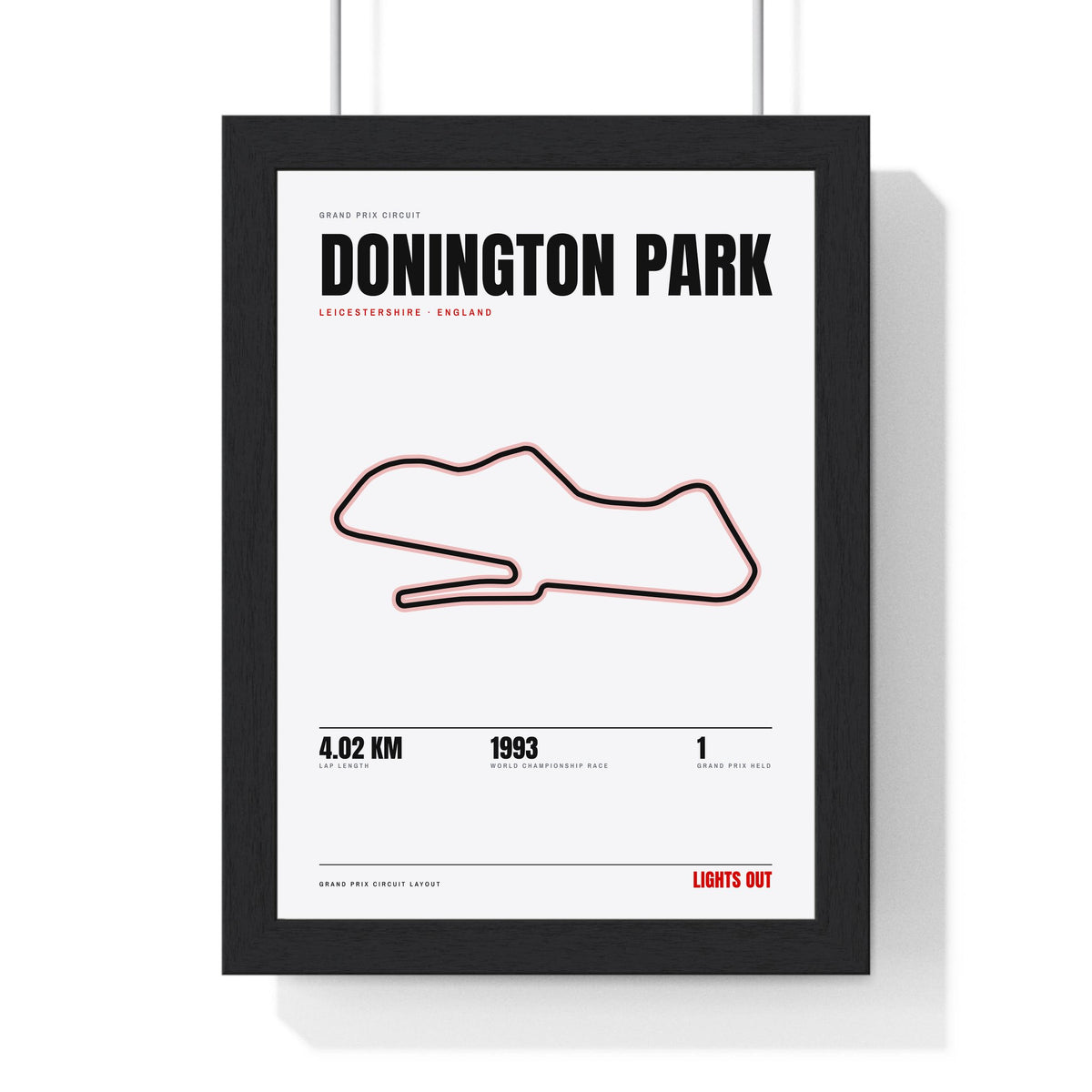 Donington Park Circuit print White framed in a black frame, ready to hang