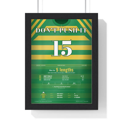 Don't Push It Grand National 2010 Horse Racing Poster - AP McCoy 15th Attempt Silks Print framed in a black frame, ready to hang