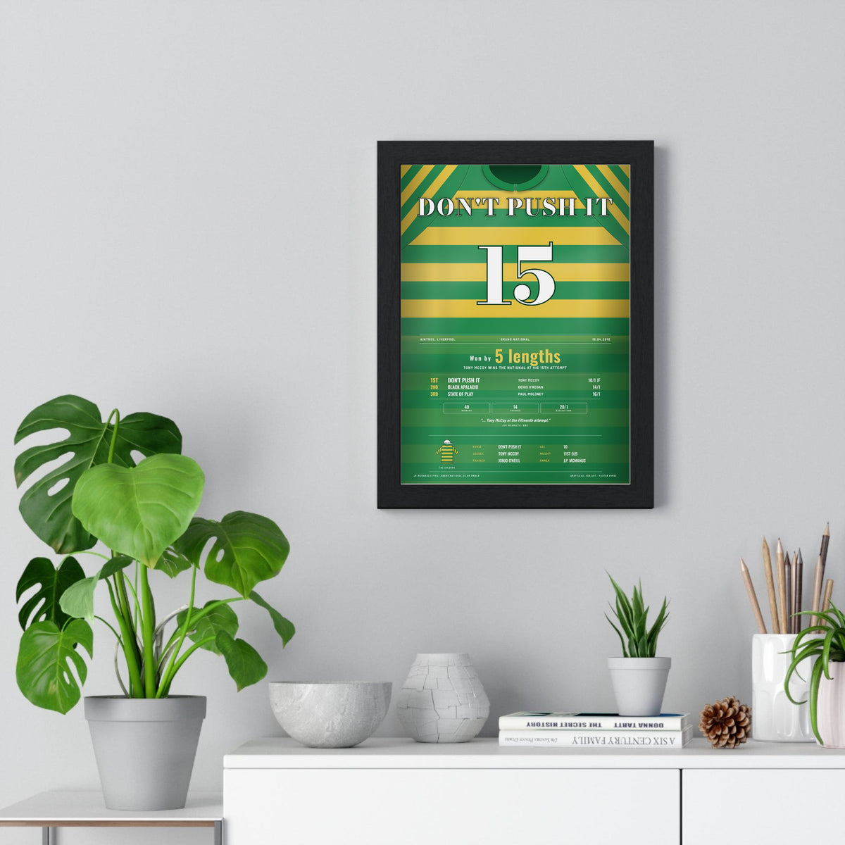 Don't Push It Grand National 2010 Horse Racing Poster - AP McCoy 15th Attempt Silks Print framed on a living room wall