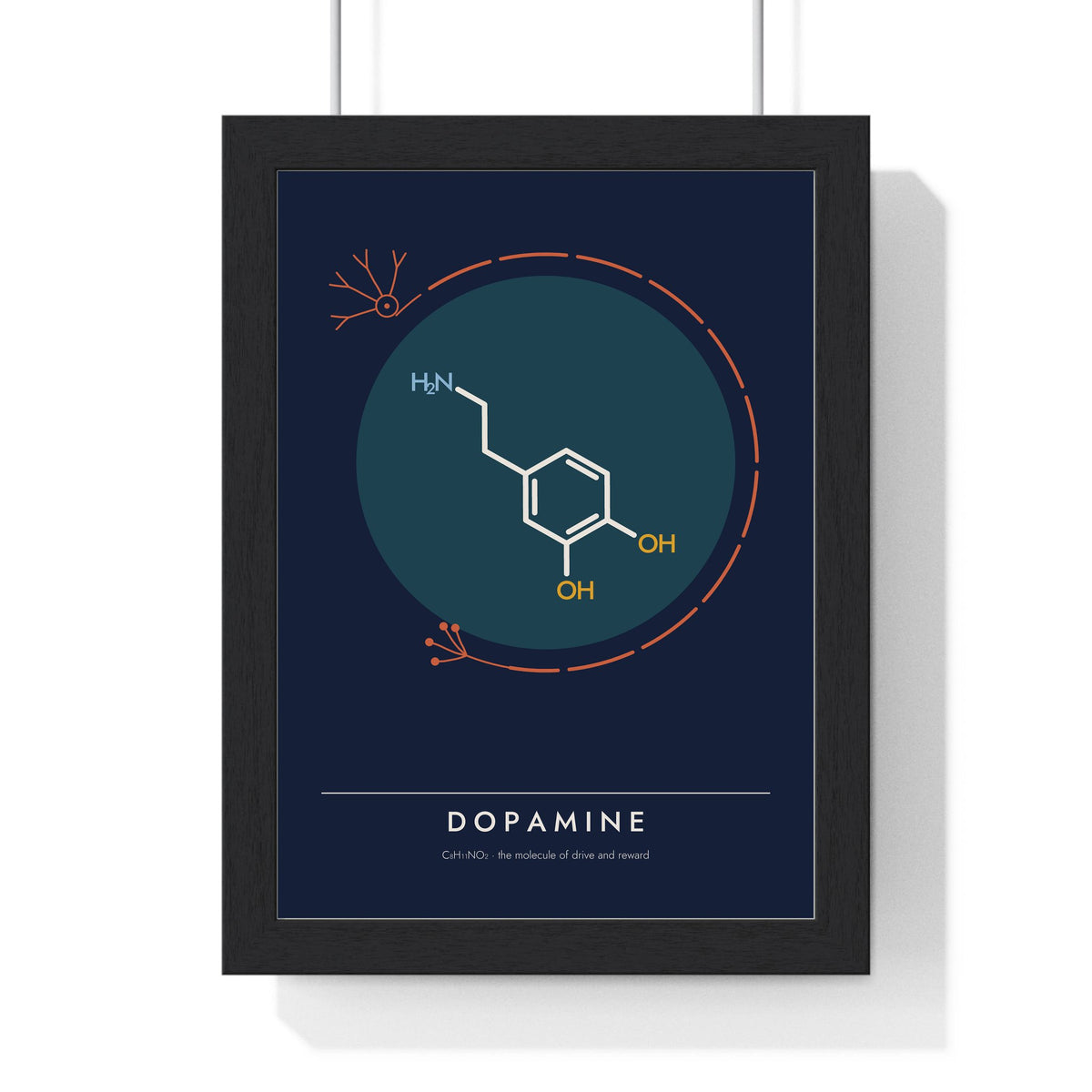 Dopamine Molecule print framed in a black frame, ready to hang