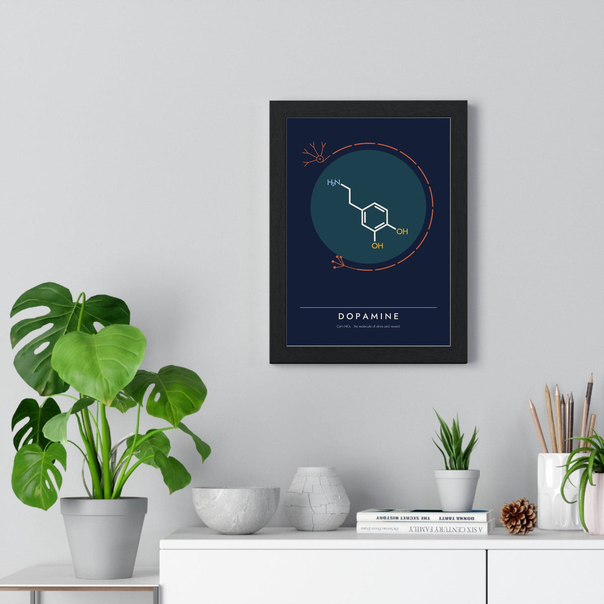 Dopamine Molecule print framed on a living room wall