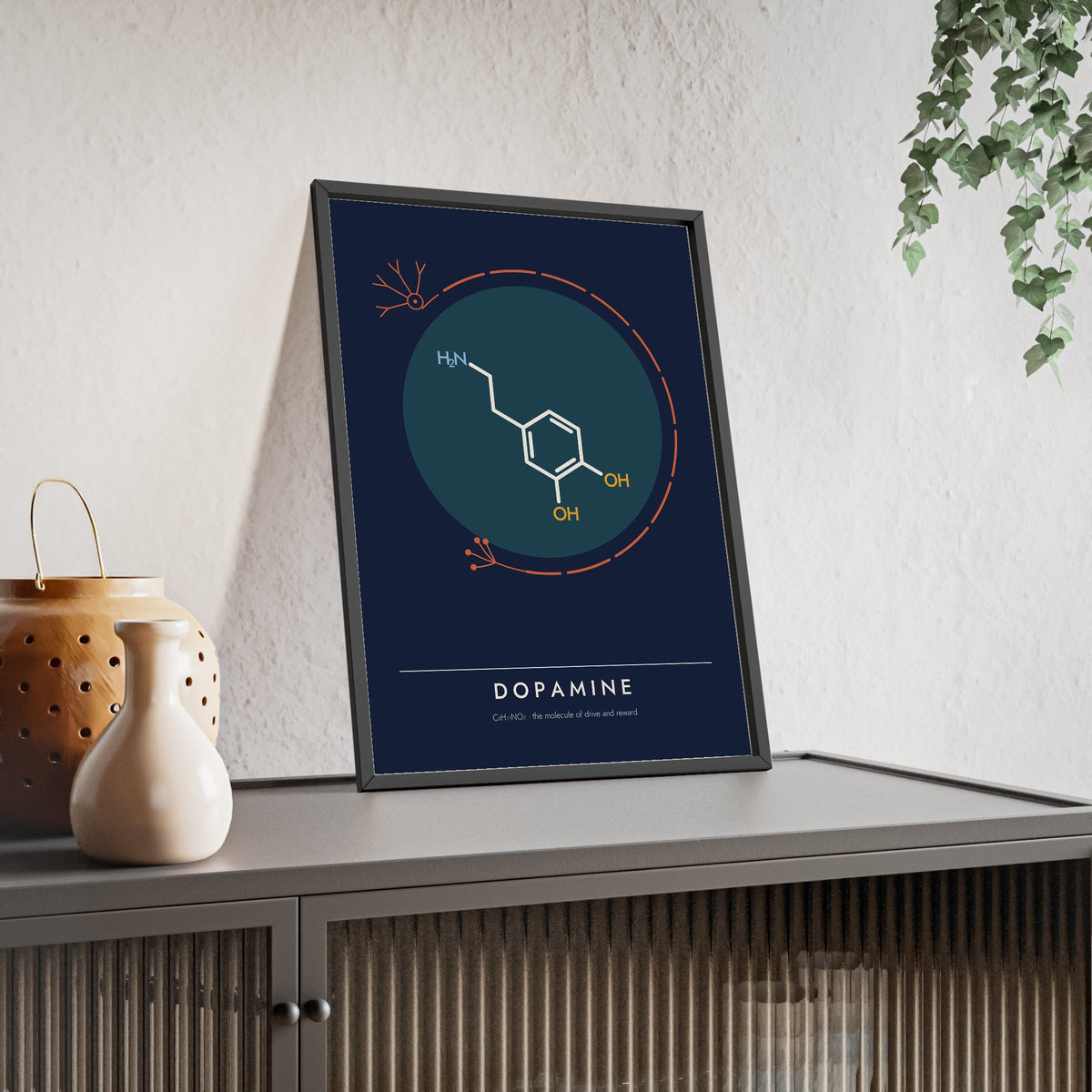 Dopamine Molecule print framed and leaning on a sideboard