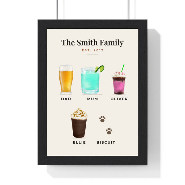 Personalised Family Drinks Print - framed watercolour family drinks print