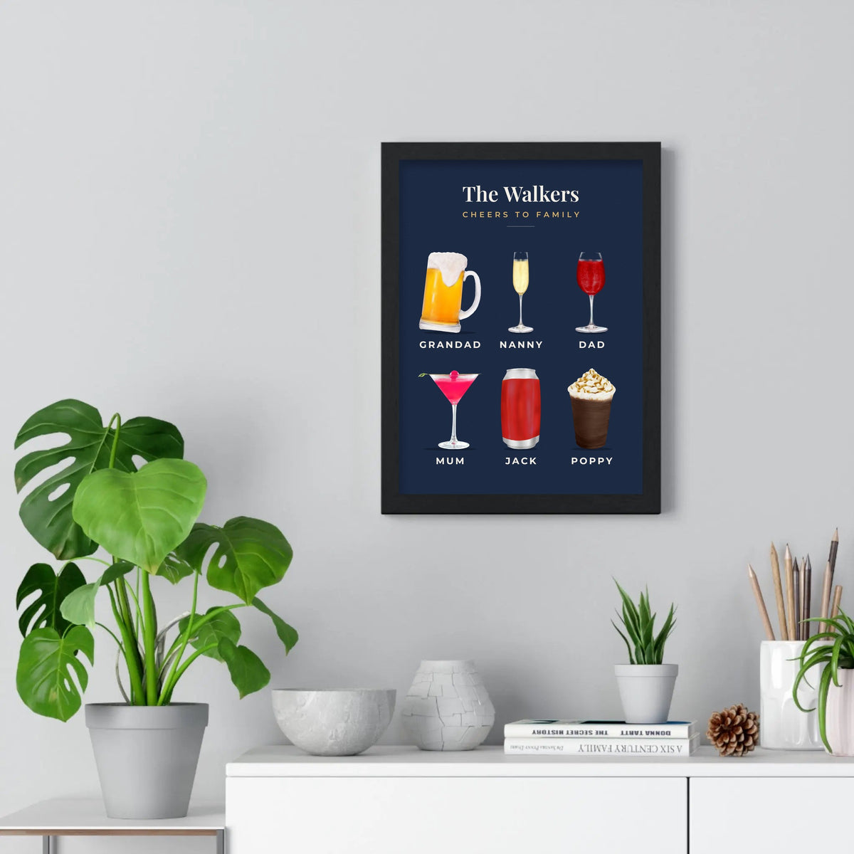 Personalised Family Drinks Print - navy family drinks print on the wall