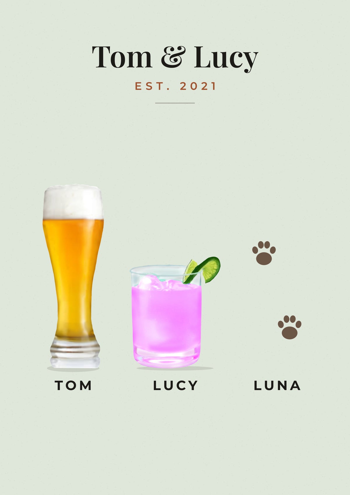 Personalised Family Drinks Print - couple drinks print with cat paws