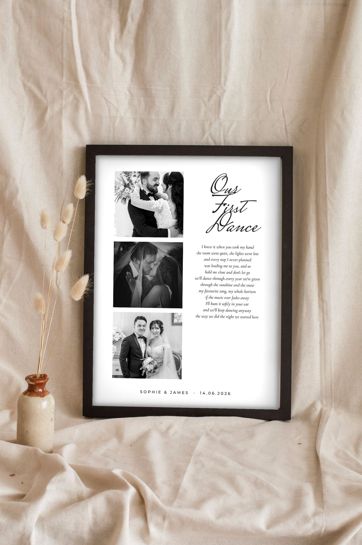 Personalised First Dance Lyrics Print - Lifestyle - leaning in a frame with dried flowers