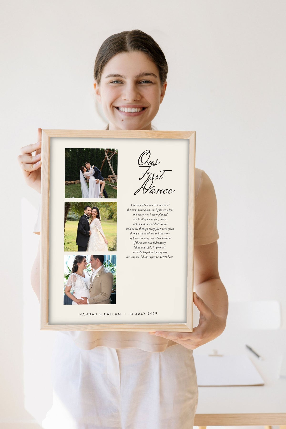 Personalised First Dance Lyrics Print - Lifestyle - held by a smiling woman