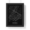 Dubai street map poster in black, minimal city map print framed in a black frame