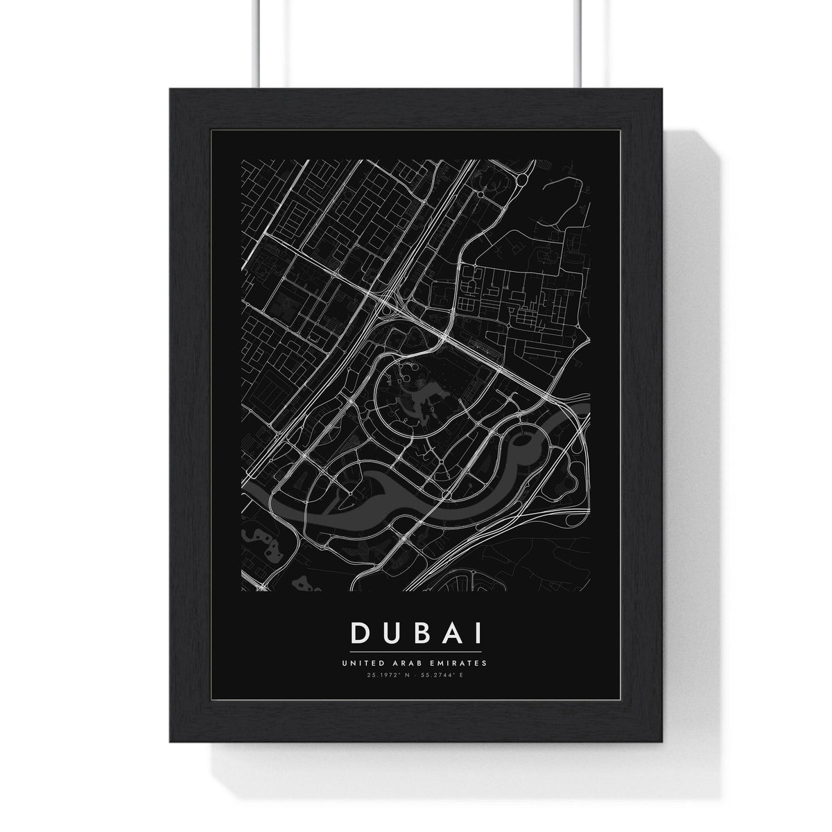 Dubai street map poster in black, minimal city map print framed in a black frame