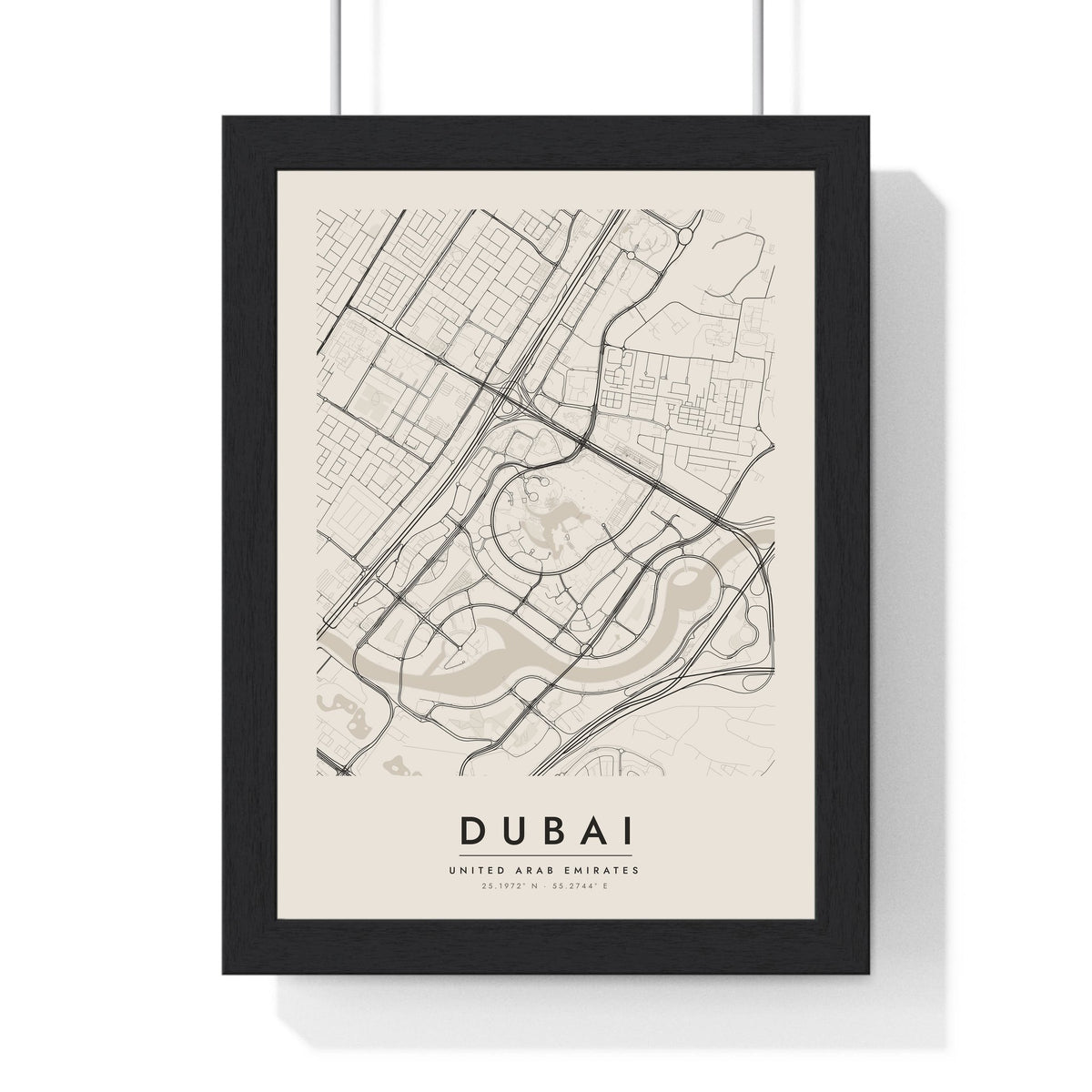 Dubai street map poster in cream, minimal city map print framed in a black frame
