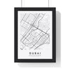 Dubai street map poster in white, minimal city map print framed in a black frame