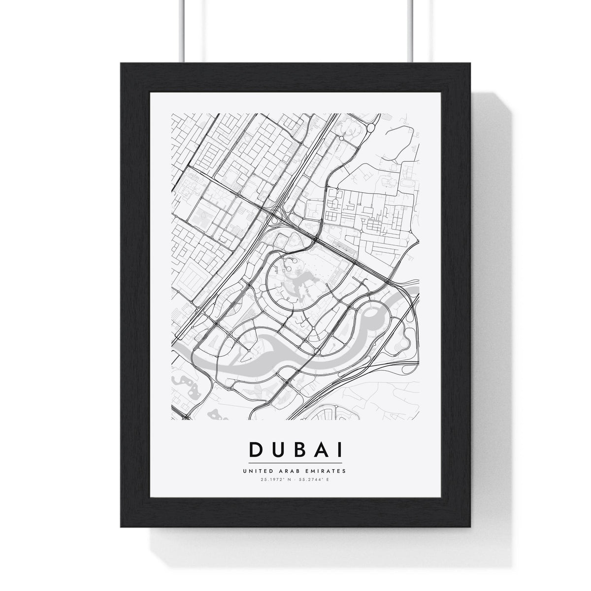 Dubai street map poster in white, minimal city map print framed in a black frame