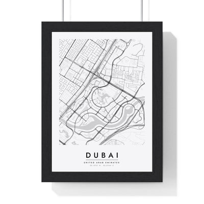 Dubai street map poster in white, minimal city map print framed in a black frame
