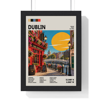 Dublin Mid Century Travel print framed in a black frame, ready to hang