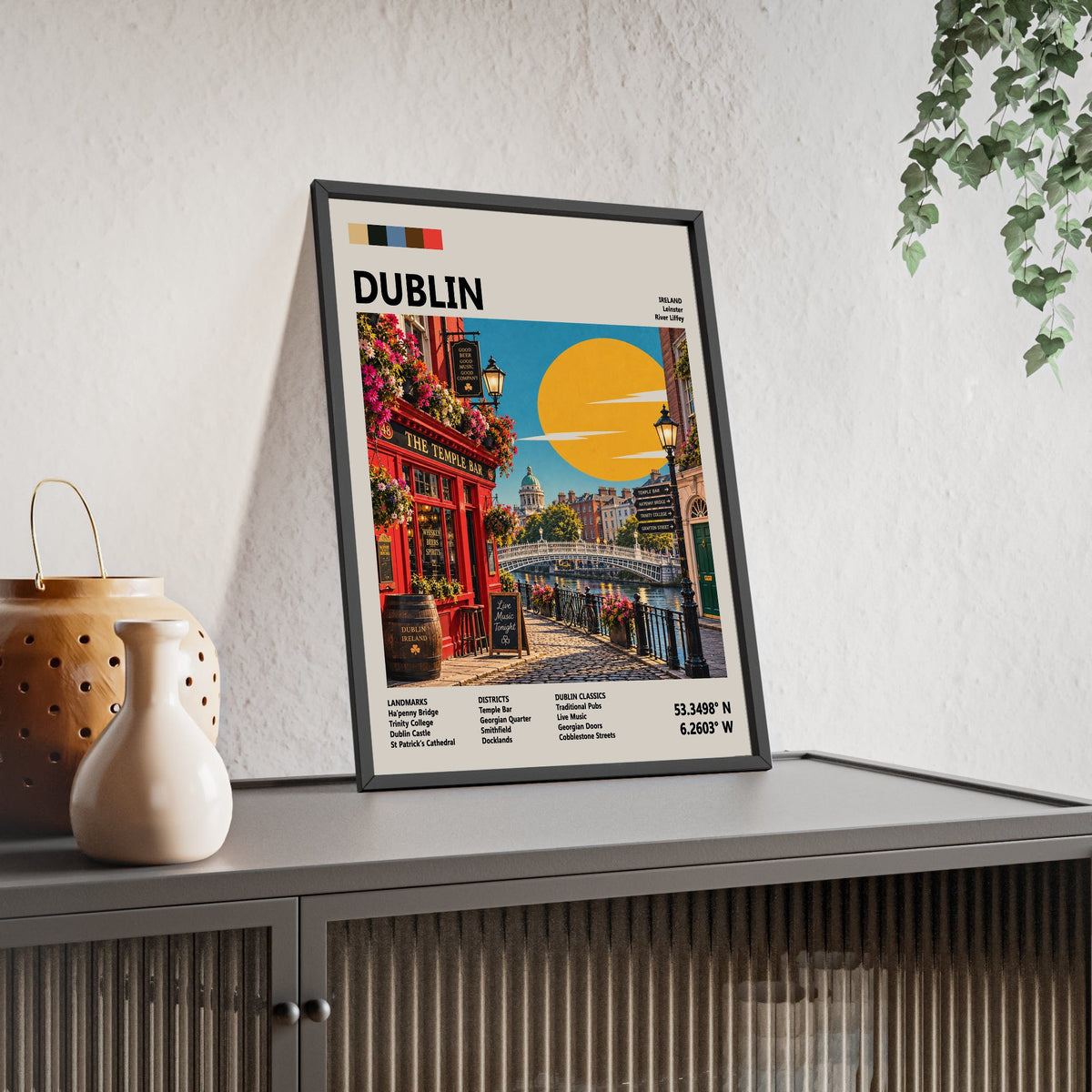 Dublin Mid Century Travel print framed and leaning on a sideboard
