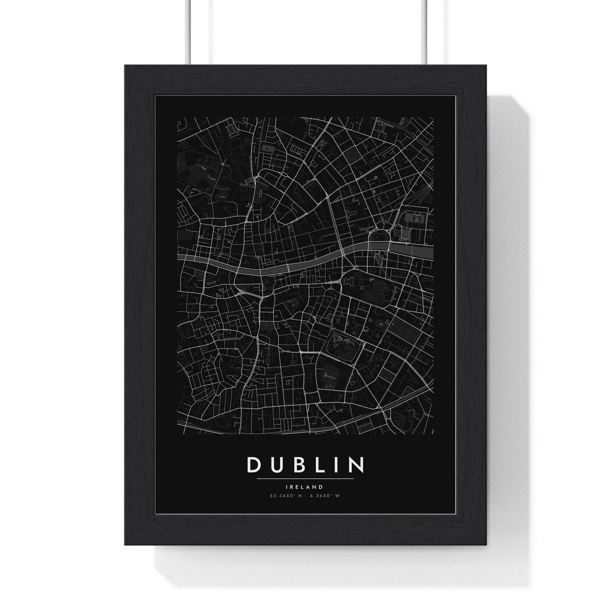 Dublin street map poster in black, minimal city map print framed in a black frame