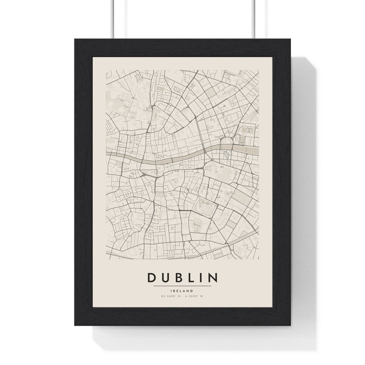Dublin street map poster in cream, minimal city map print framed in a black frame