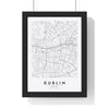 Dublin street map poster in white, minimal city map print framed in a black frame