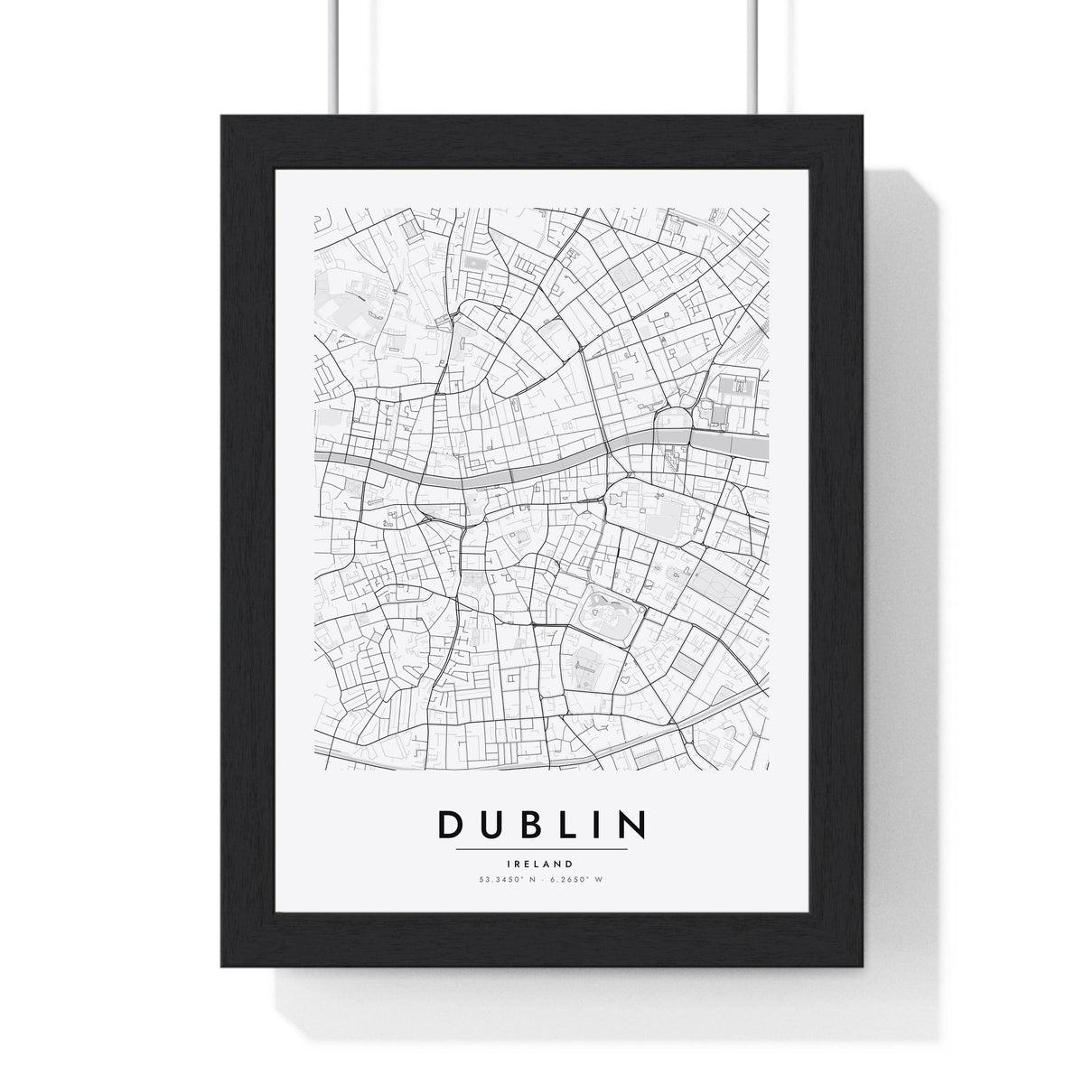 Dublin street map poster in white, minimal city map print framed in a black frame