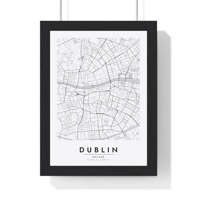 Dublin street map poster in white, minimal city map print framed in a black frame