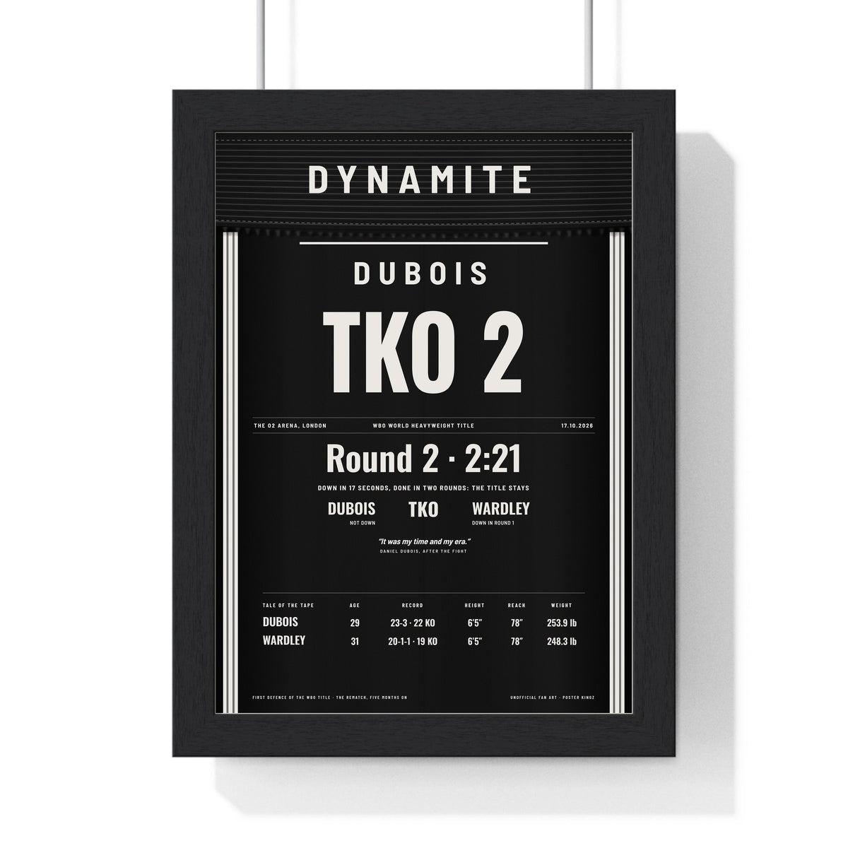 Dubois v Wardley 2026 Boxing Poster - Daniel Dubois TKO 2 O2 Arena Heavyweight Print framed in a black frame, ready to hang