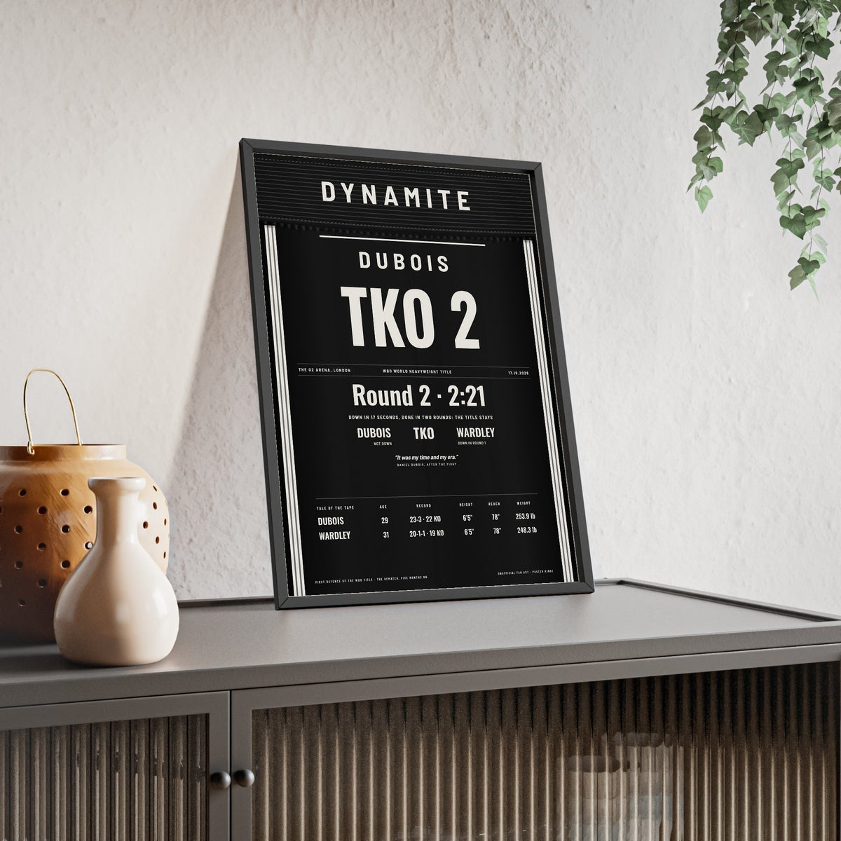 Dubois v Wardley 2026 Boxing Poster - Daniel Dubois TKO 2 O2 Arena Heavyweight Print framed and leaning on a sideboard