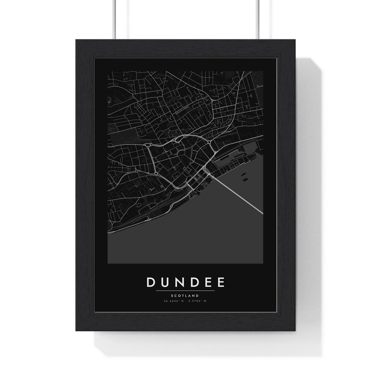 Dundee street map poster in black, minimal city map print framed in a black frame