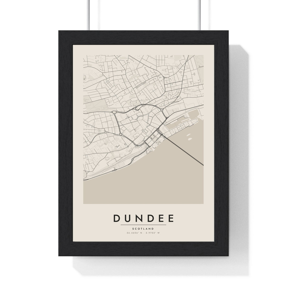 Dundee street map poster in cream, minimal city map print framed in a black frame