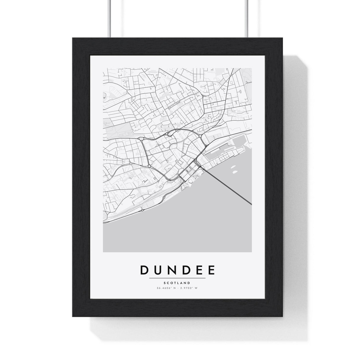 Dundee street map poster in white, minimal city map print framed in a black frame