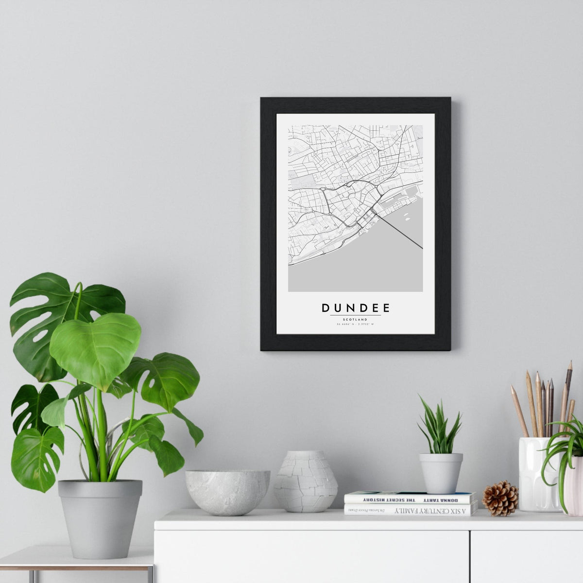 Dundee street map poster in white, minimal city map print framed on a living room wall