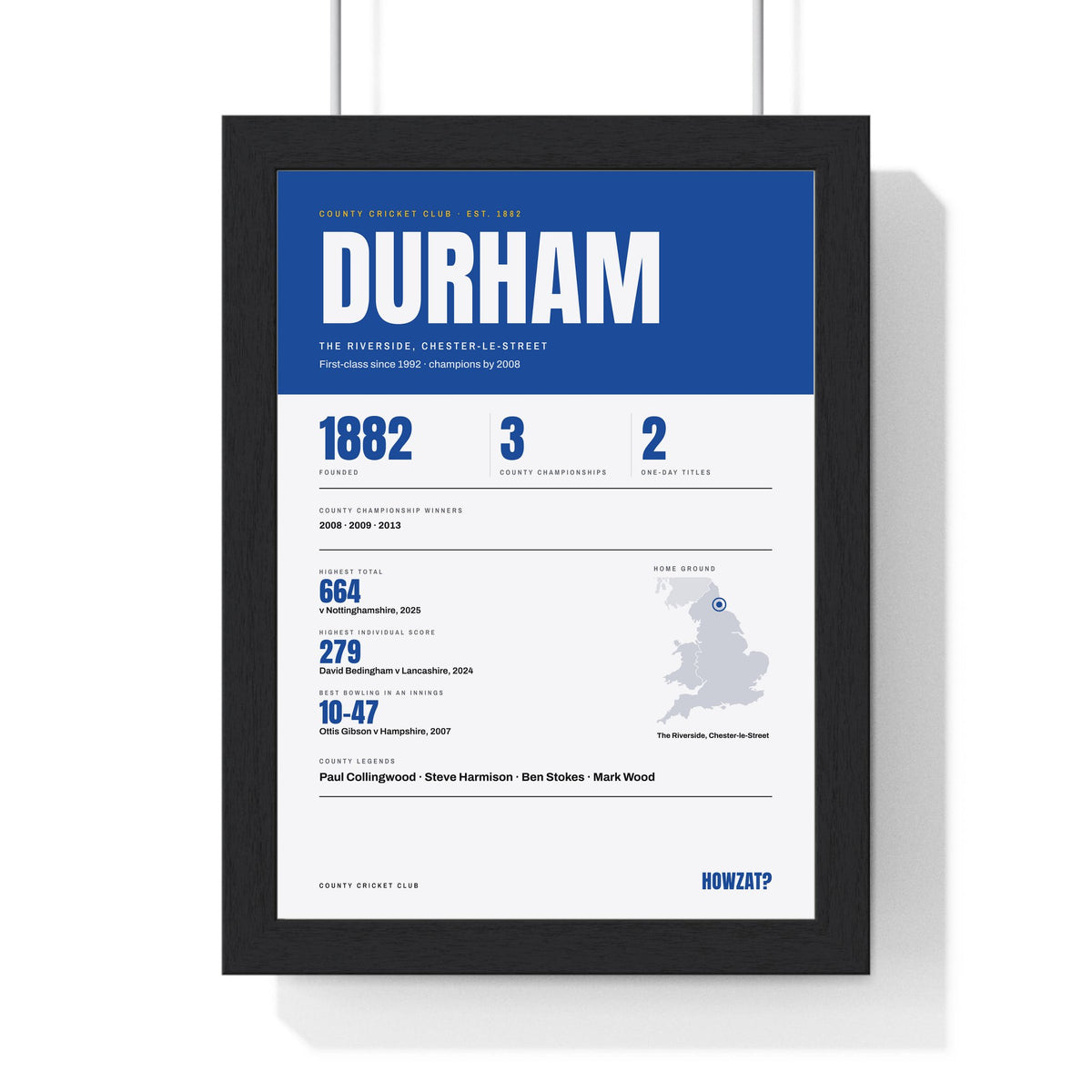 Durham Cricket print framed in a black frame, ready to hang