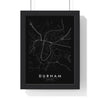 Durham street map poster in black, minimal city map print framed in a black frame