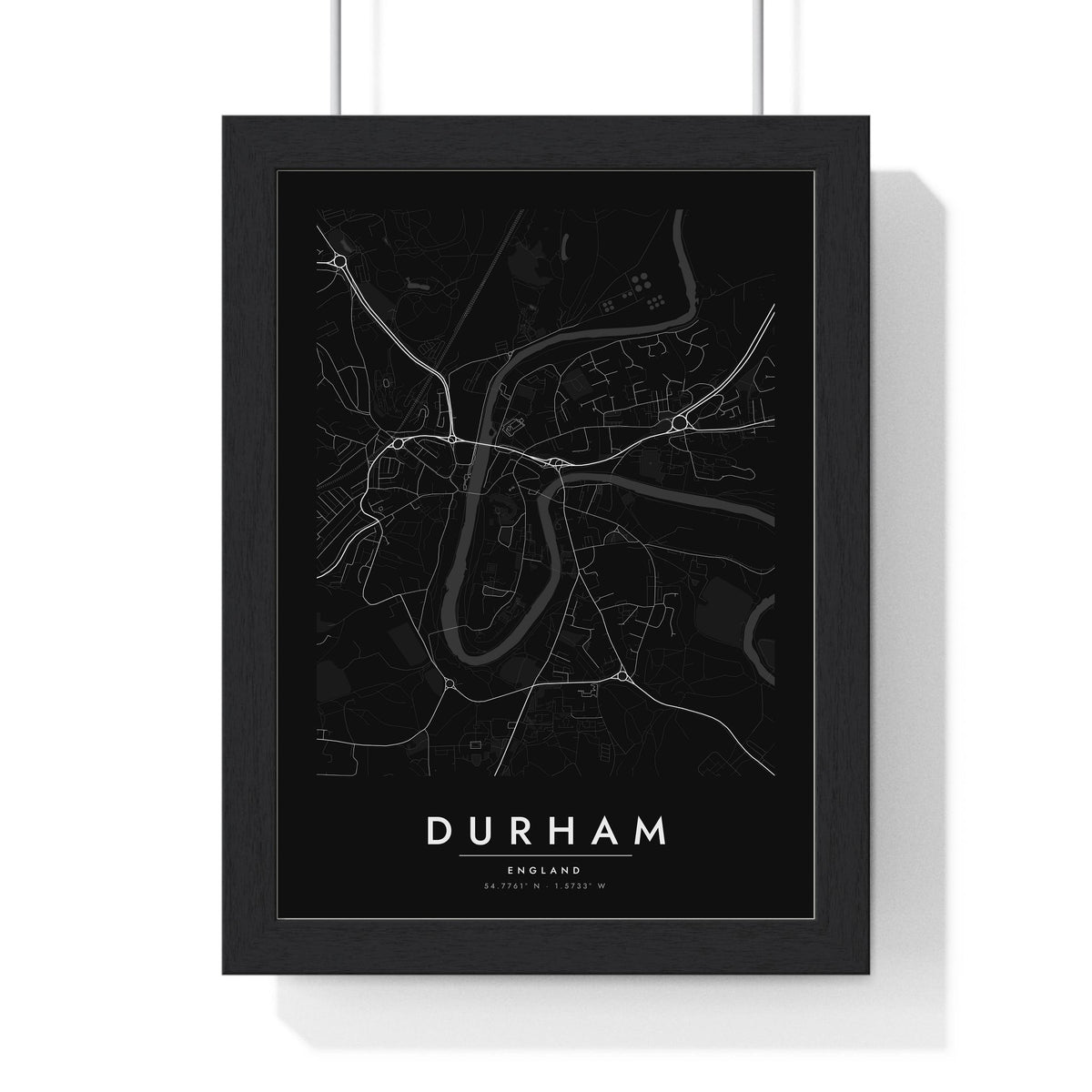 Durham street map poster in black, minimal city map print framed in a black frame