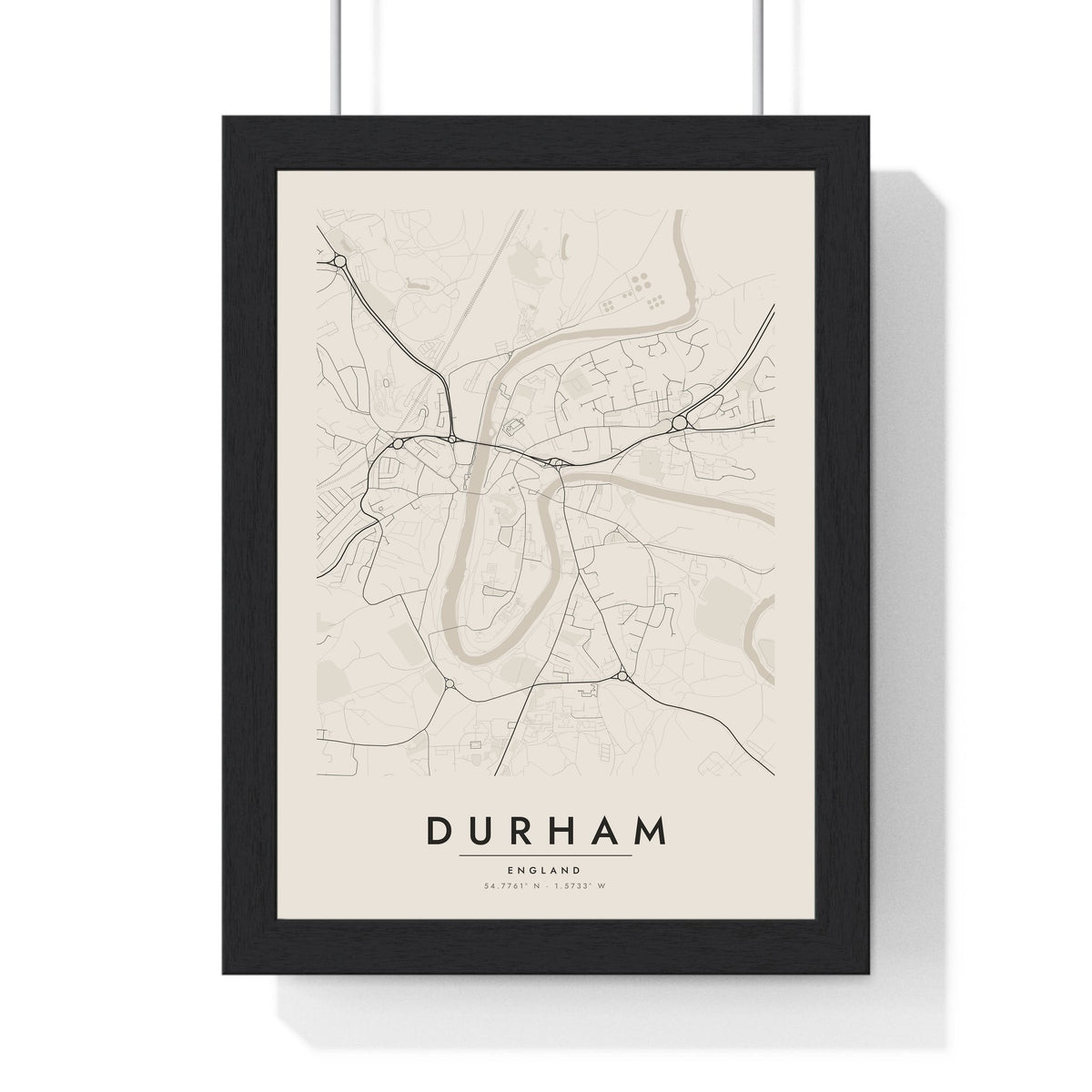 Durham street map poster in cream, minimal city map print framed in a black frame
