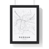 Durham street map poster in white, minimal city map print framed in a black frame