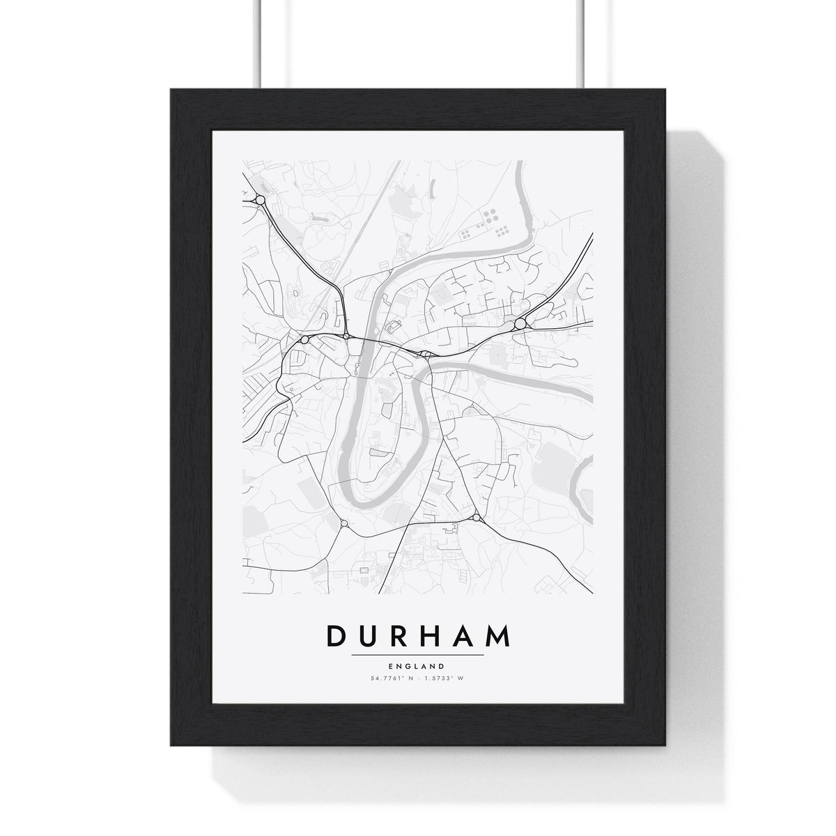 Durham street map poster in white, minimal city map print framed in a black frame