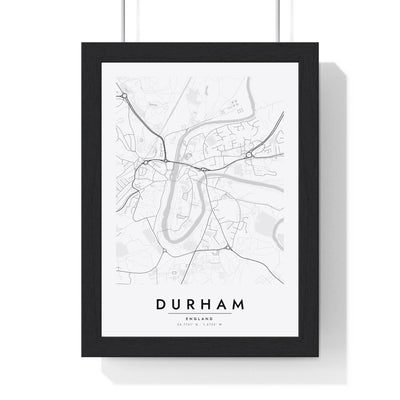 Durham street map poster in white, minimal city map print framed in a black frame