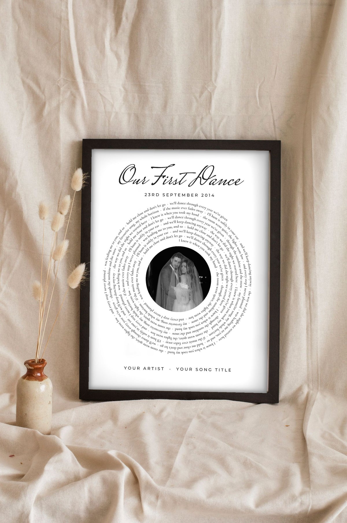 Personalised First Dance Spiral Lyrics Print - Lifestyle - leaning in a frame with dried flowers