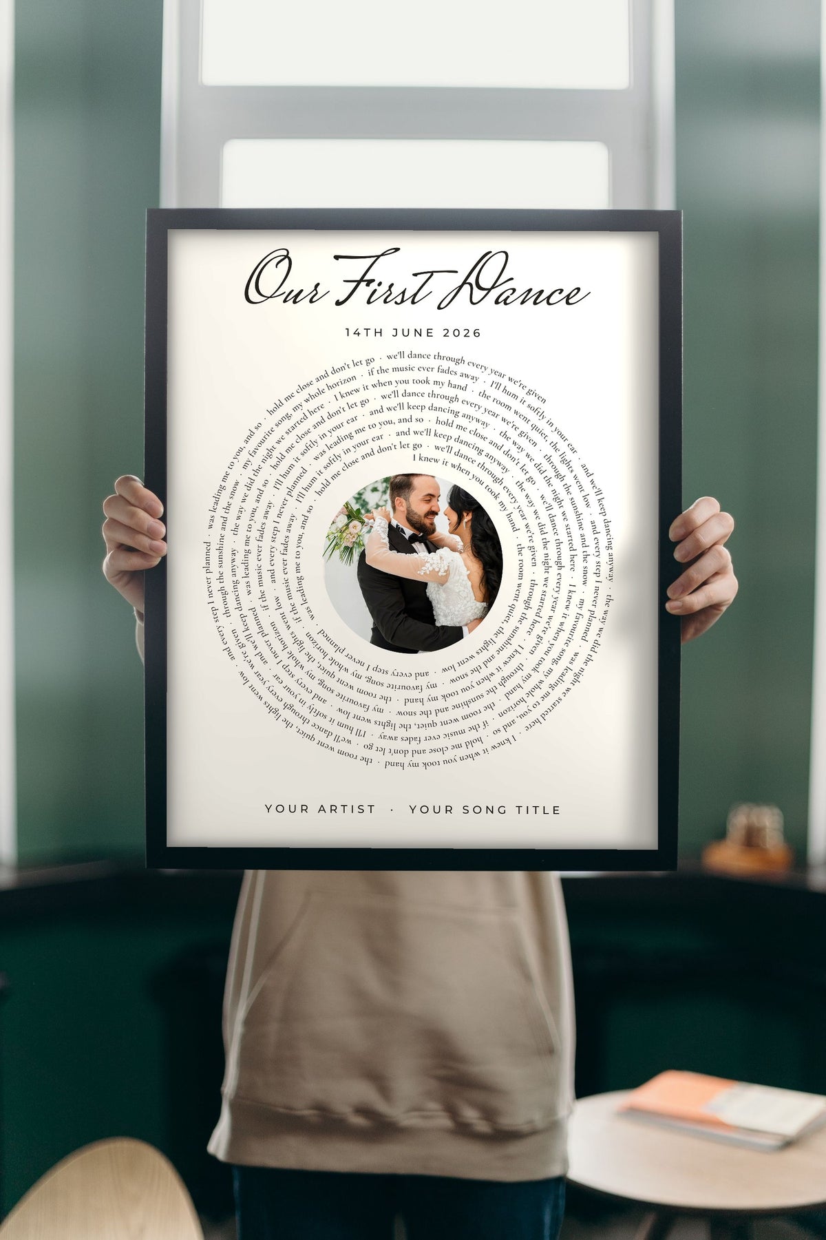 Personalised First Dance Spiral Lyrics Print - Lifestyle - held up in a bright room
