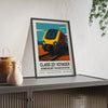 Framed poster of a train labeled 'Class 221 Voyager' by Bombardier Transportation on a shelf.