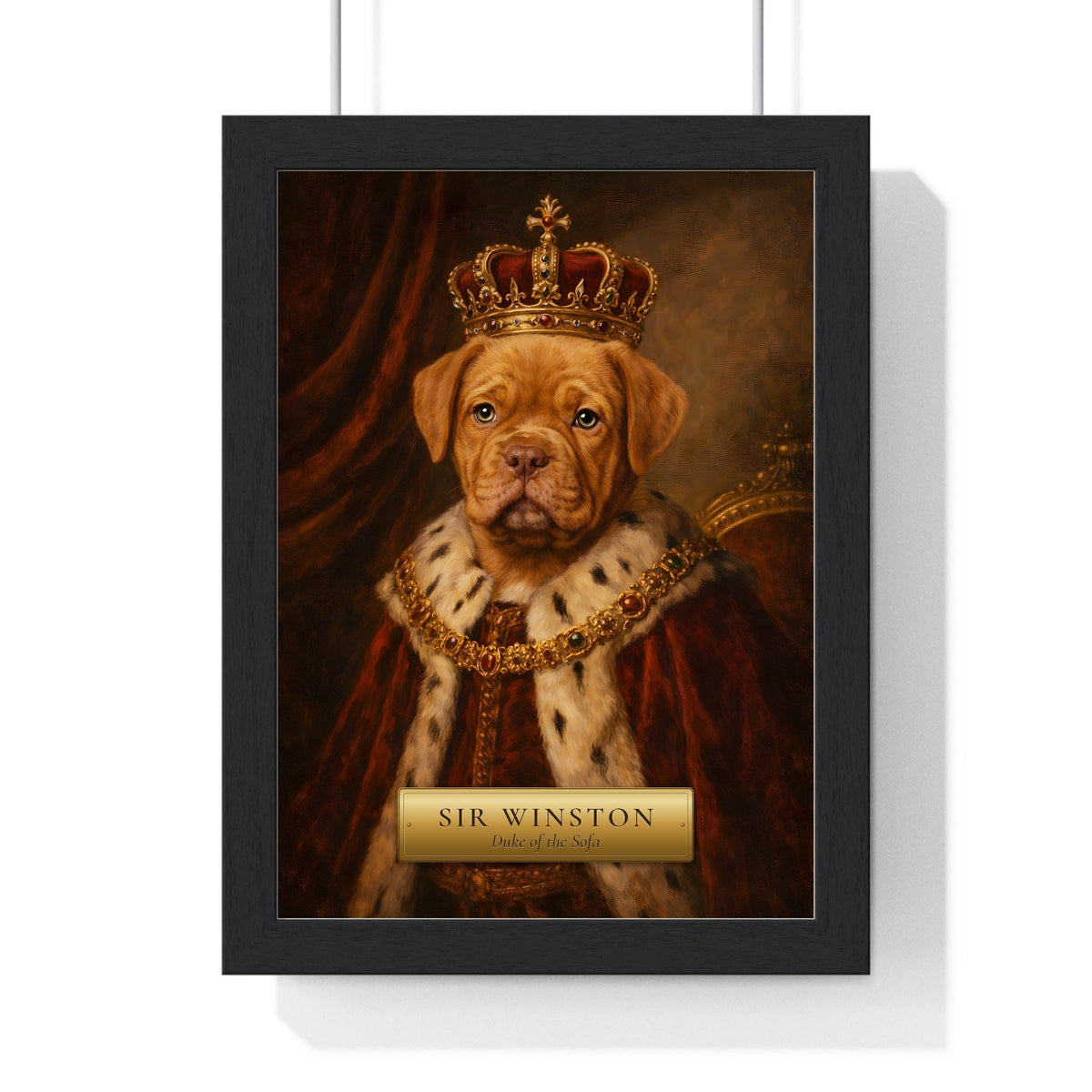 Royal pet portrait from photo: a puppy painted as a king in a crown and ermine robe, Renaissance oil painting style print with gold name plaque, framed