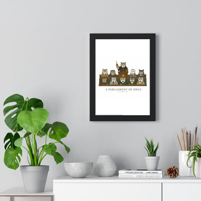 A Parliament of Owls framed poster displayed on living room wall