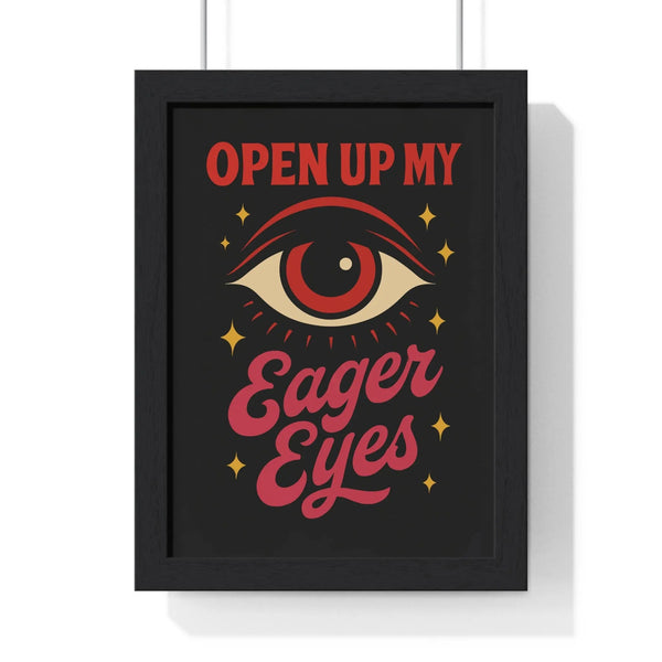 Eager Eyes lyric wall art print framed in black wood, The Killers inspired vintage red and gold design on black background