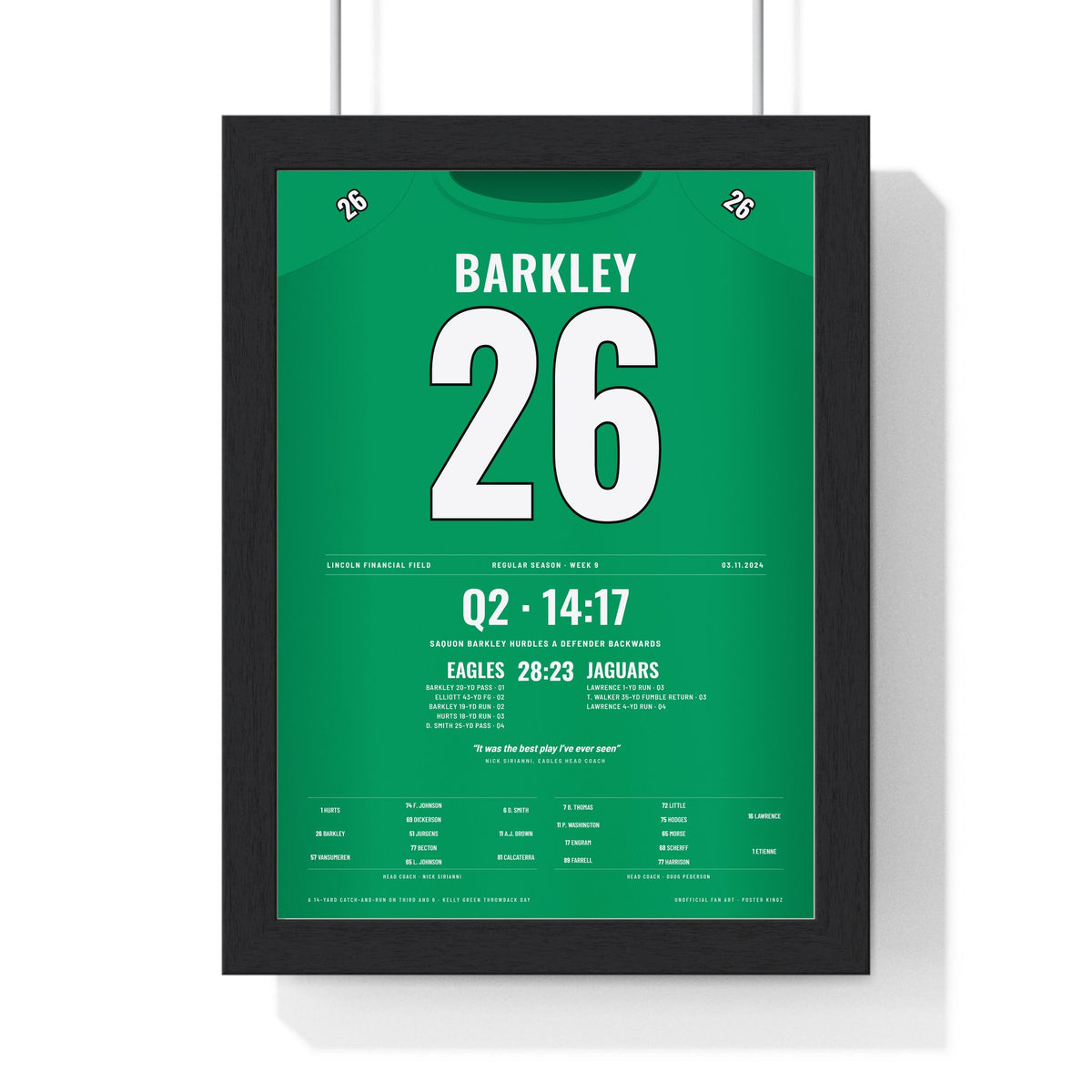 Philadelphia Eagles Saquon Barkley Reverse Hurdle 2024 Poster - Barkley 26 Kelly Green Jersey Print framed in a black frame, ready to hang