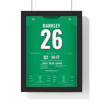Philadelphia Eagles Saquon Barkley Reverse Hurdle 2024 Poster - Barkley 26 Kelly Green Jersey Print framed in a black frame, ready to hang