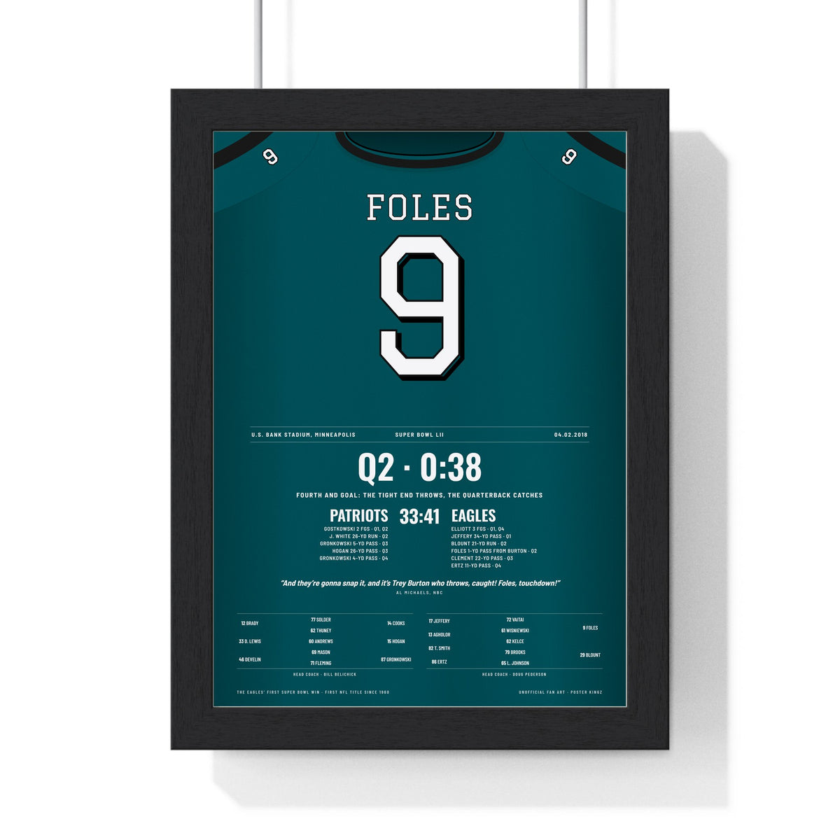 Philadelphia Eagles Super Bowl LII Poster - Nick Foles 9 Touchdown Catch Jersey Print framed in a black frame, ready to hang