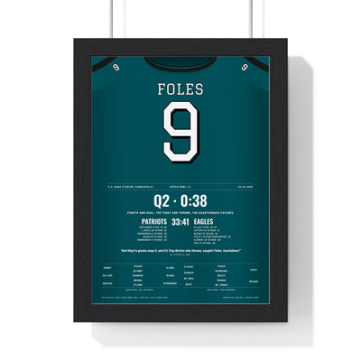 Philadelphia Eagles Super Bowl LII Poster - Nick Foles 9 Touchdown Catch Jersey Print framed in a black frame, ready to hang