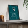 Philadelphia Eagles Super Bowl LII Poster - Nick Foles 9 Touchdown Catch Jersey Print framed and leaning on a sideboard