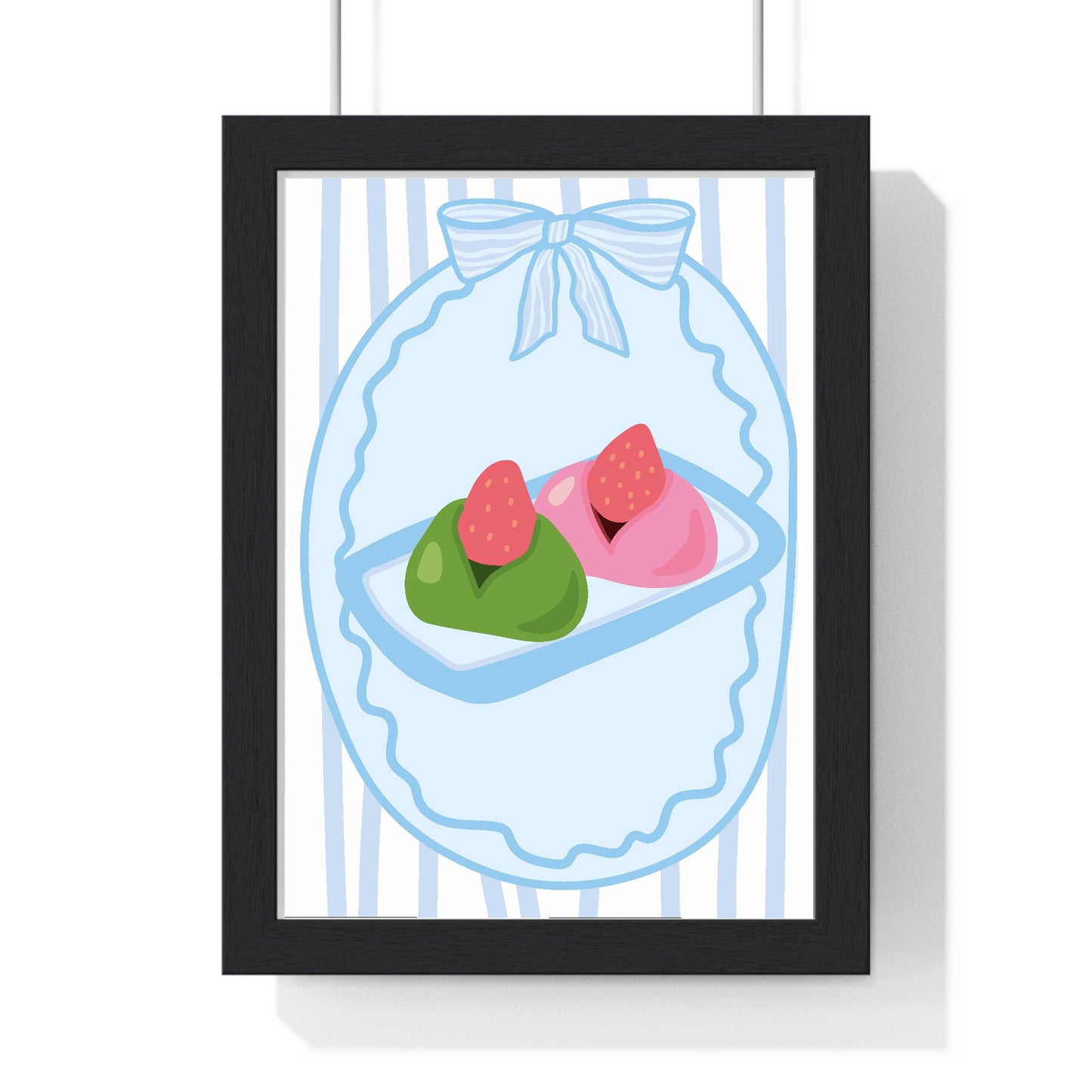 Strawberry daifuku poster framed in black wood with white mat